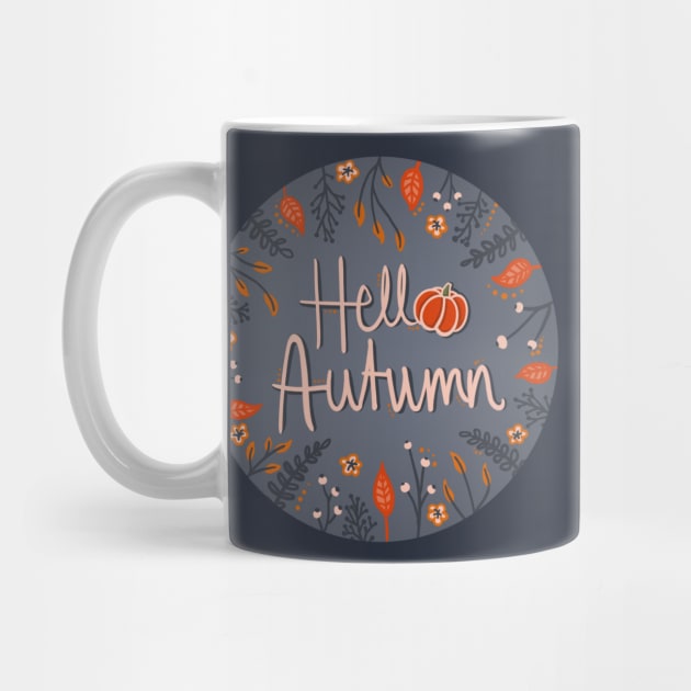 Hello Autumn! leafy autumn badge style illustration by AlmightyClaire